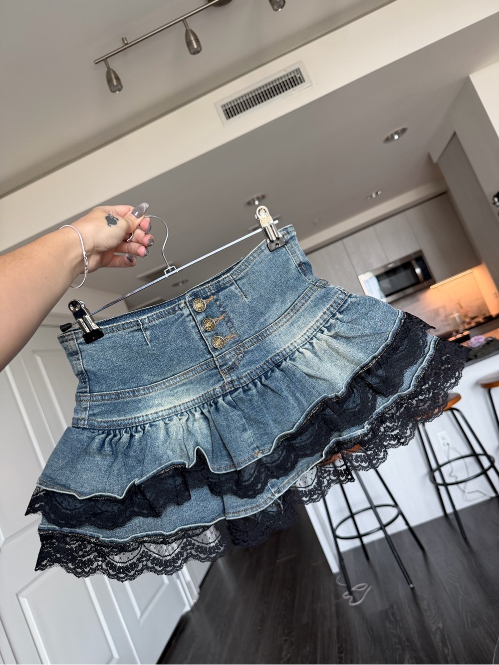 Denim Ruffle Mini Skirt with Black Lace Trim